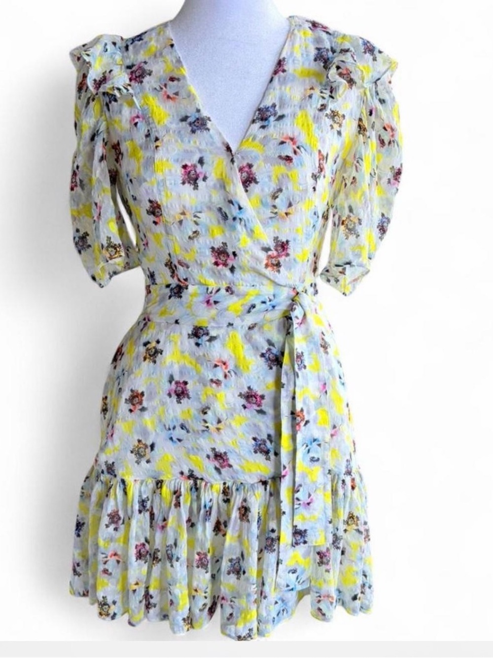 Tanya Taylor Silk Light Floral Wrap Mini Dress in White, Yellow and Pink